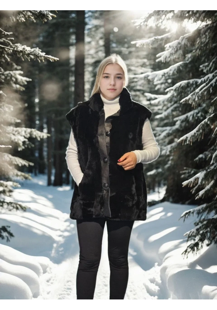 Kadın Kolsuz Hakiki Yelek - Siyah