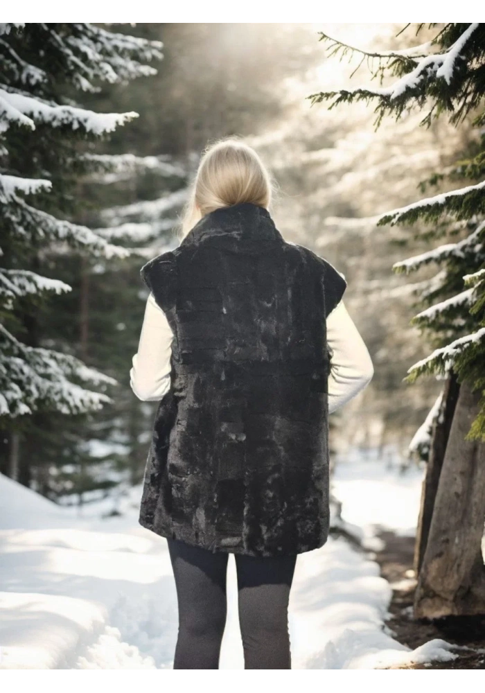 Kadın Kolsuz Hakiki Yelek - Siyah