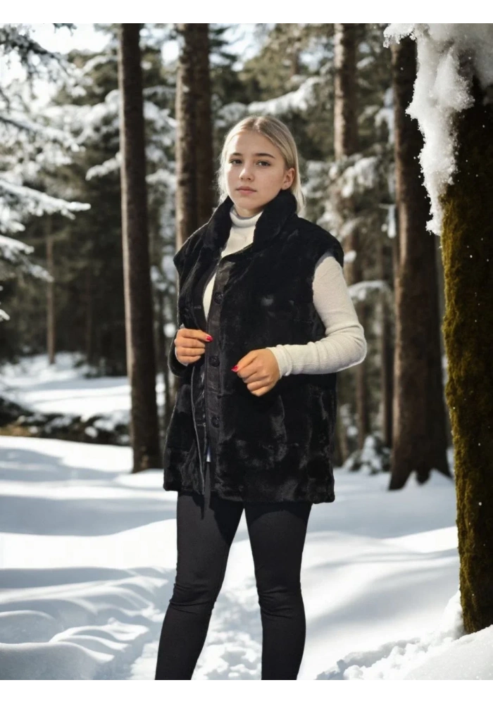 Kadın Kolsuz Hakiki Yelek - Siyah