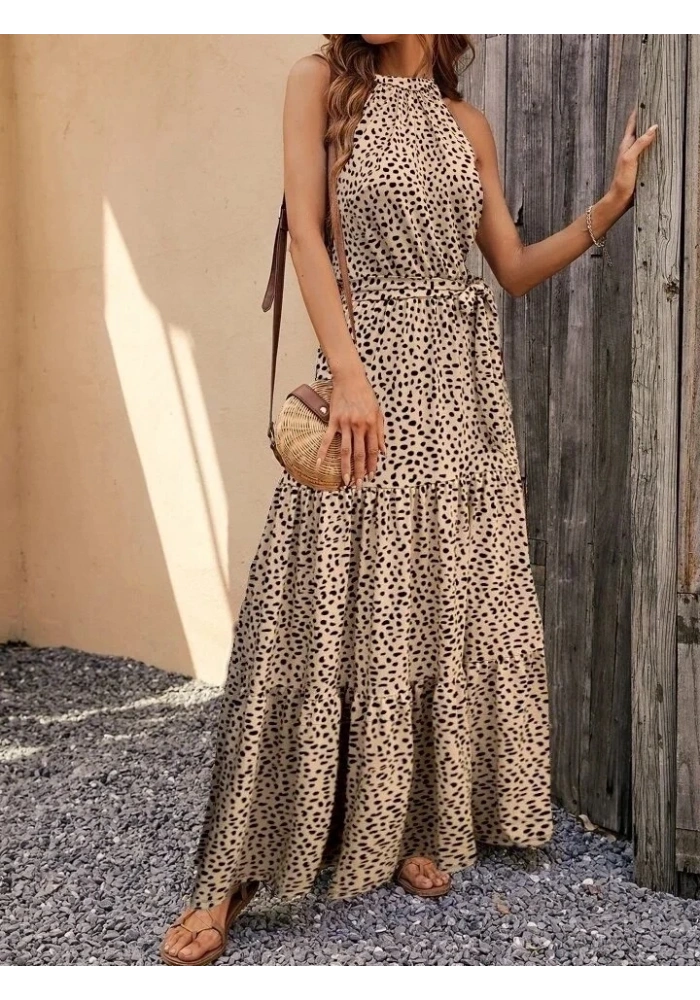 Kadın Kolsuz Halter Yaka Beli Lastiklileopar Desenli Mikro Elbise