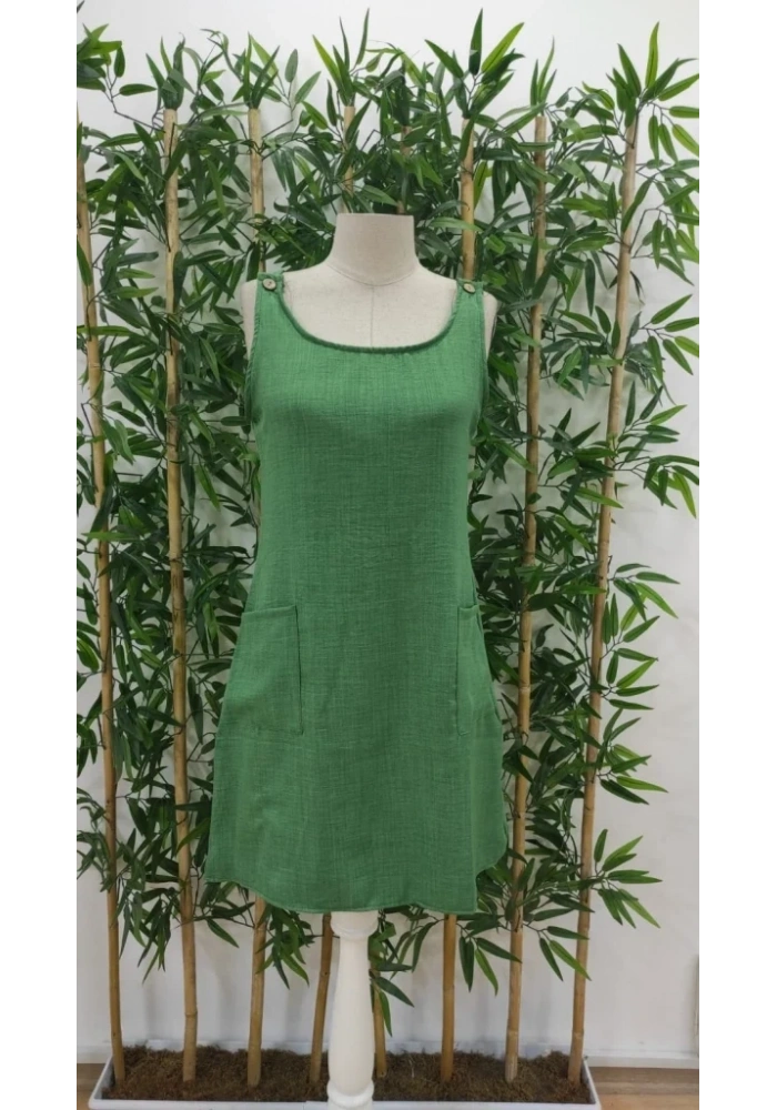 Kadın Kolsuz Kalın Askılı Düğme Detay Cepli Keten Elbise