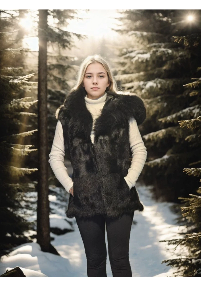 Kadın Kolsuz Kapüşonlu Yelek - Siyah