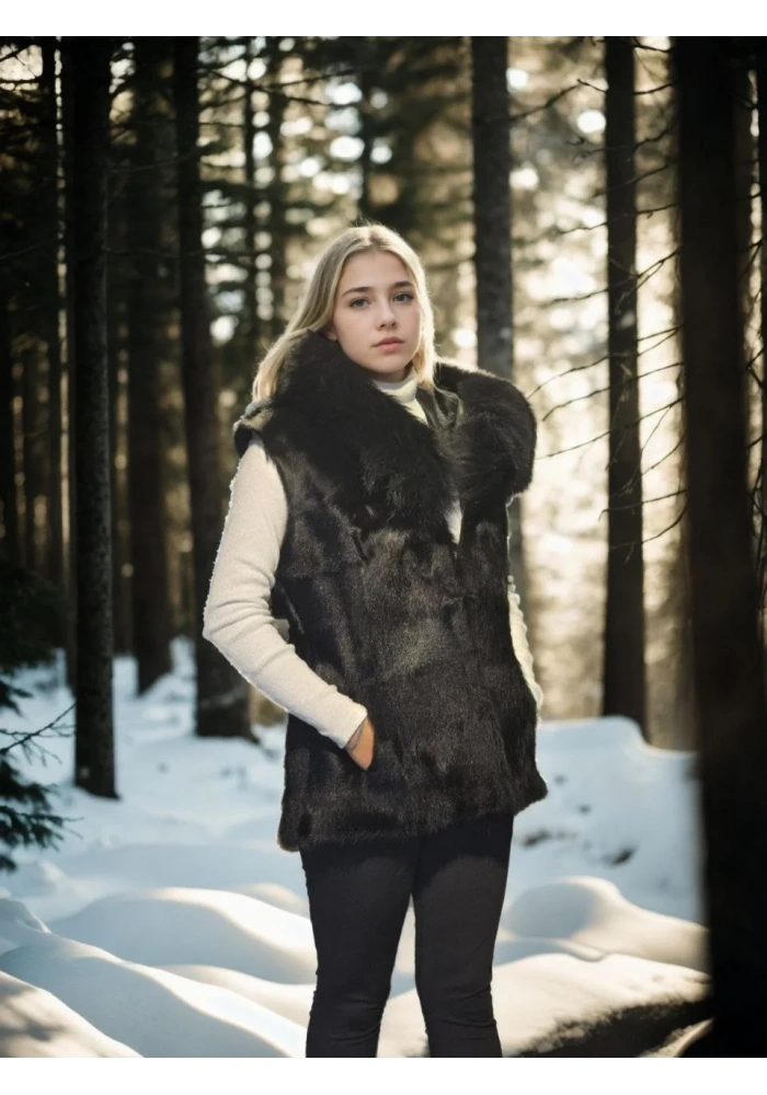 Kadın Kolsuz Kapüşonlu Yelek - Siyah