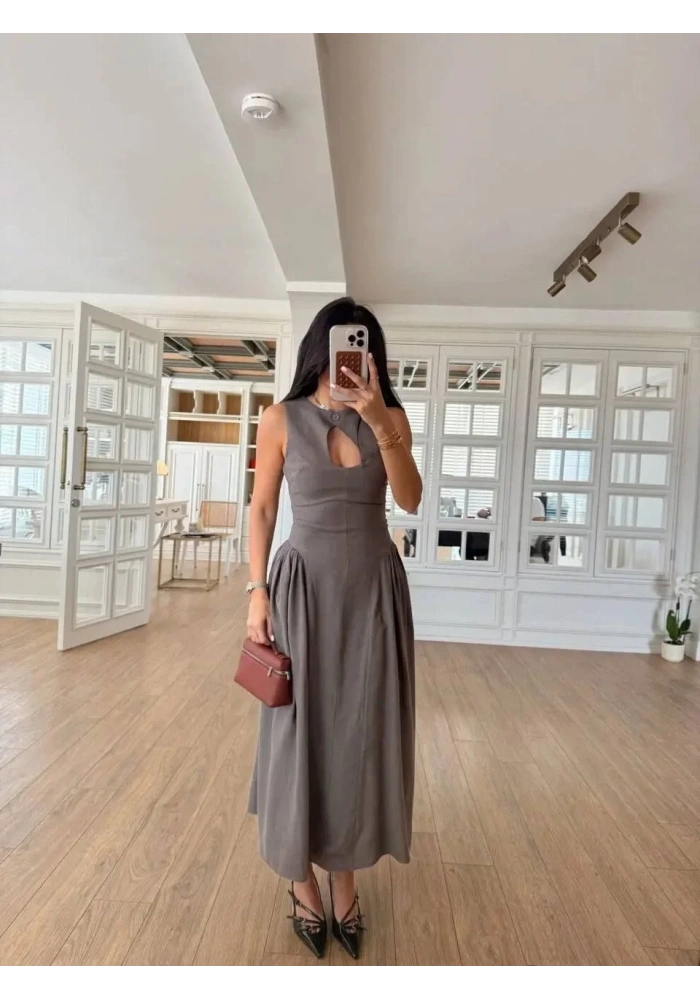 Kadın Kolsuz Uzun Kabardin Elbise - Gri