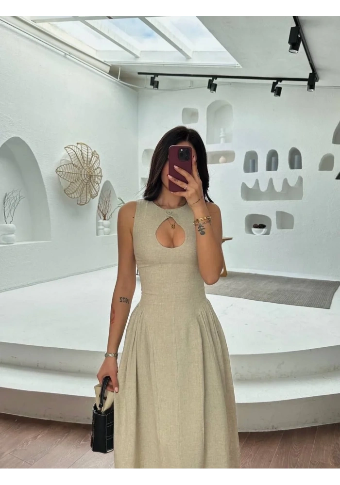 Kadın Kolsuz Uzun Kabardin Elbise - Gri