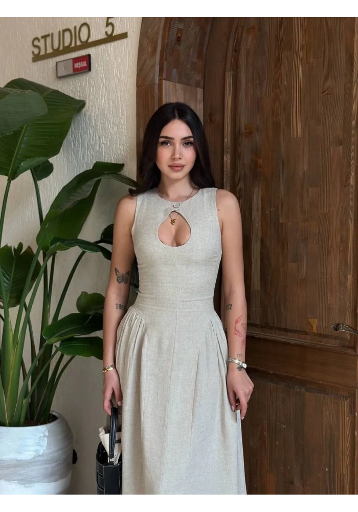 Kadın Kolsuz Uzun Kabardin Elbise - Gri