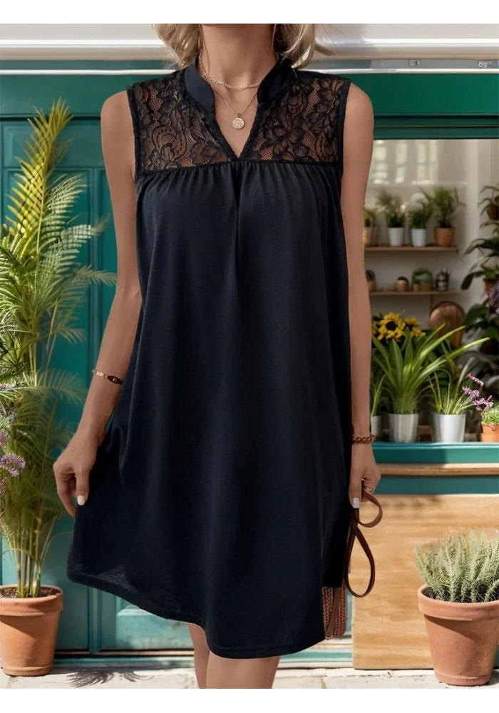 Kadın Kolsuz V Hakim Yaka Dantelli Janjan Krep Elbise