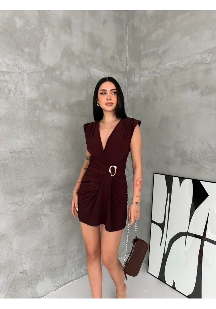 Kadın Kruvaze Drapeli Tokalı Mini Elbise Şık Gece Davet Abiye - Kahverengi