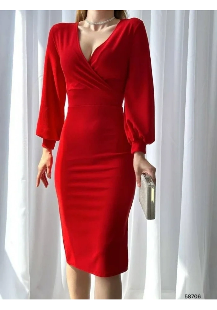 Kadın Kruvaze Yaka Balon Kol Midi Boy Elbise