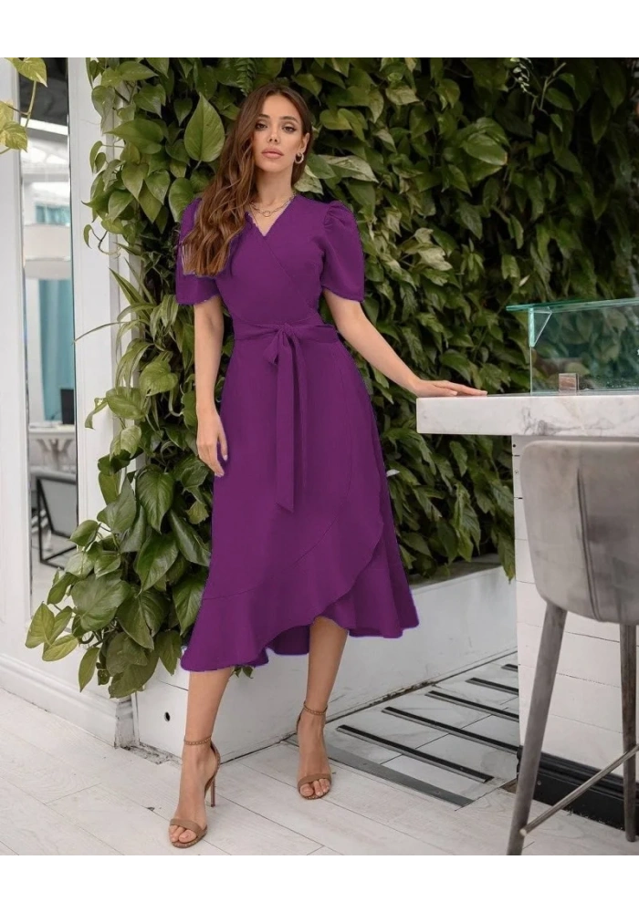 Kadın Kruvaze Yaka Midi Boy Kuşaklı Krep Elbise 120 Cm
