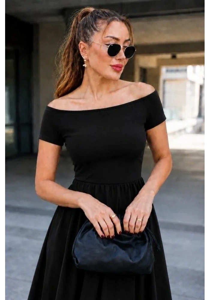 Kadın Madonna Yaka Kısa Kollu Kısa Janjan Krep Elbise