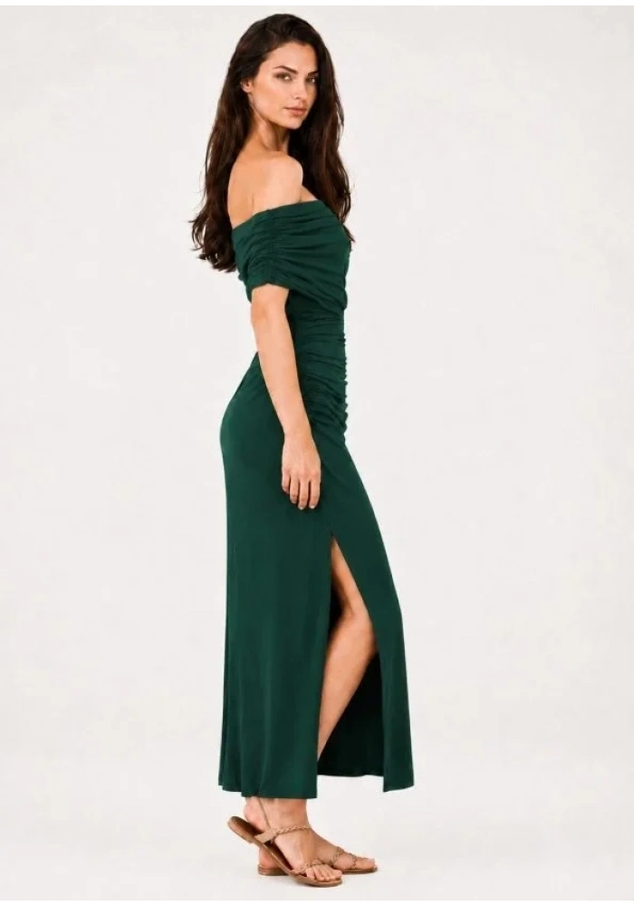 Kadın Madonna Yakalı Belden Büzgülü Yandan Yırtmaçlı Midi Sandy Elbise