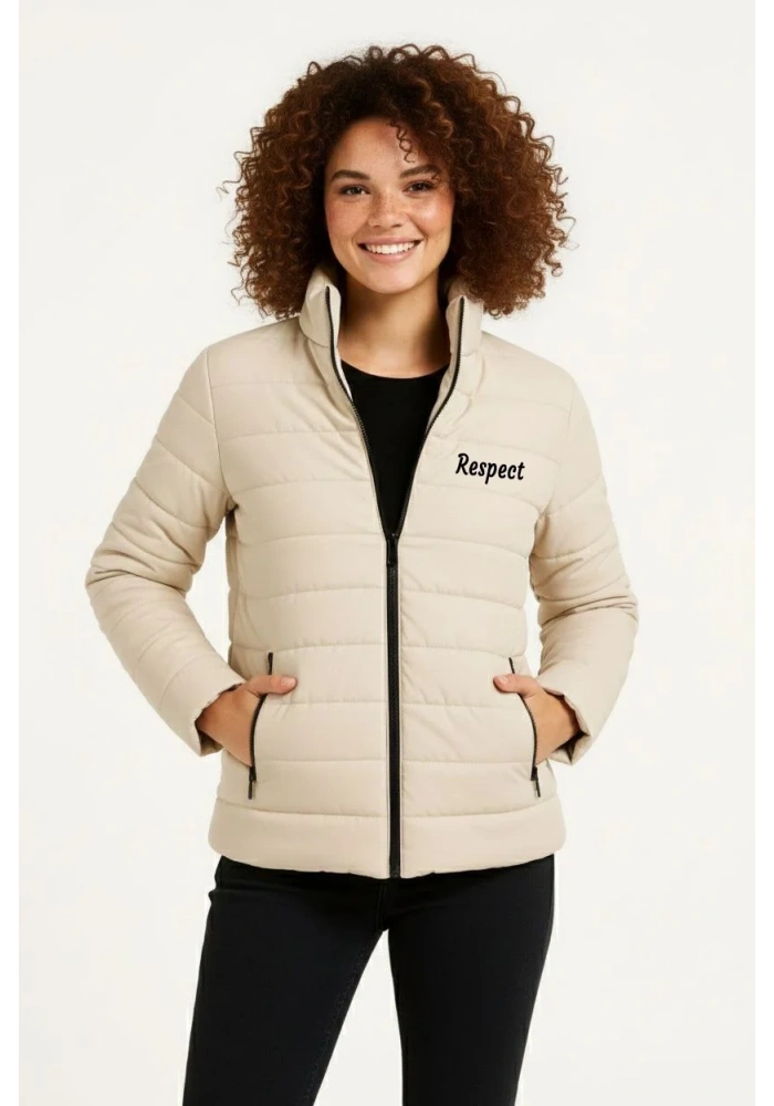 Kadın Mikro Su İtici Kapitone Baskılı Astarlı Fermuarlı Bomber Mont - Bej