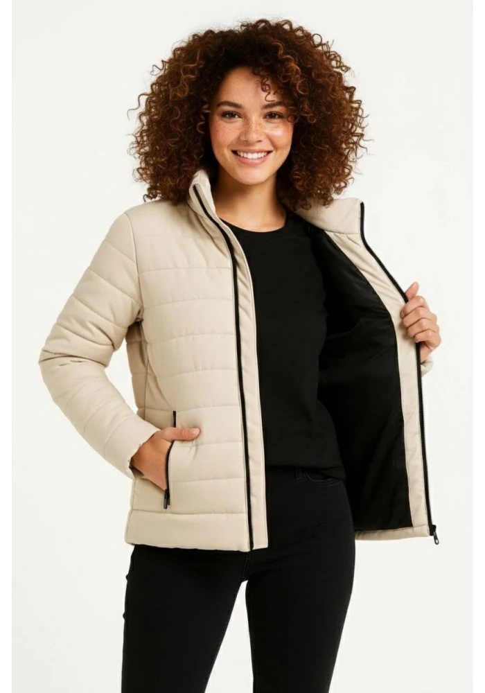 Kadın Mikro Su İtici Kapitone Baskılı Astarlı Fermuarlı Bomber Mont - Bej