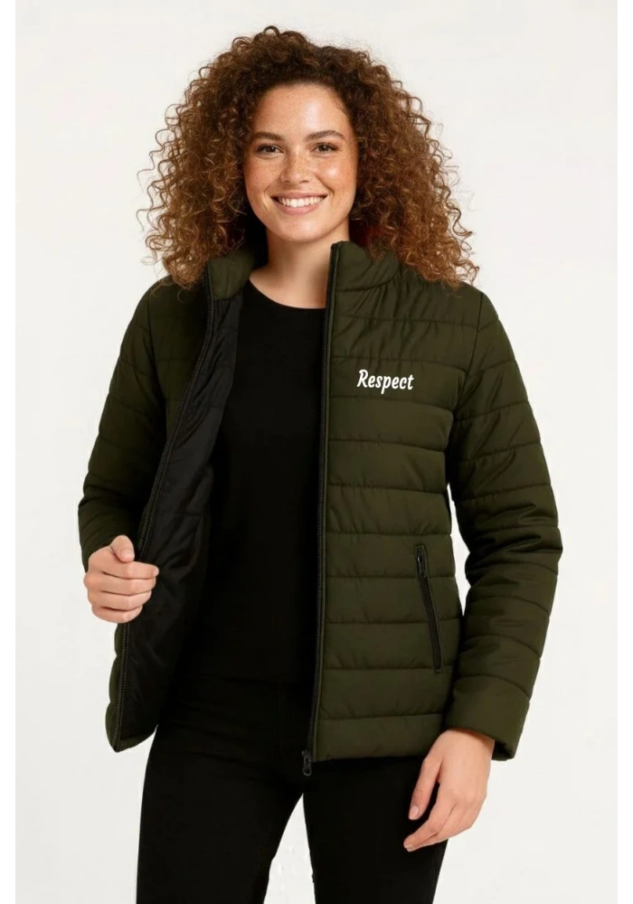 Kadın Mikro Su İtici Kapitone Baskılı Astarlı Fermuarlı Bomber Mont - Haki