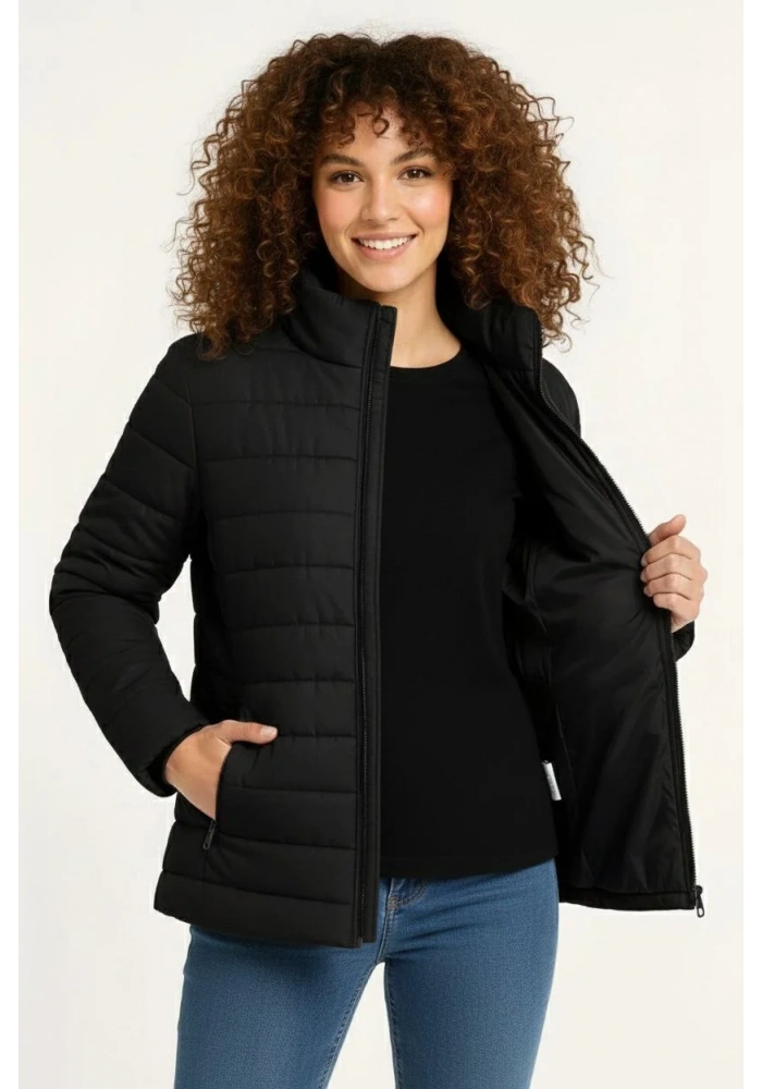 Kadın Mikro Su İtici Kapitone Baskılı Astarlı Fermuarlı Bomber Mont - Siyah