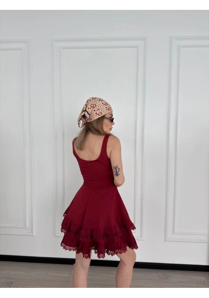 Kadın Mini Askılı Elbise - Bordo