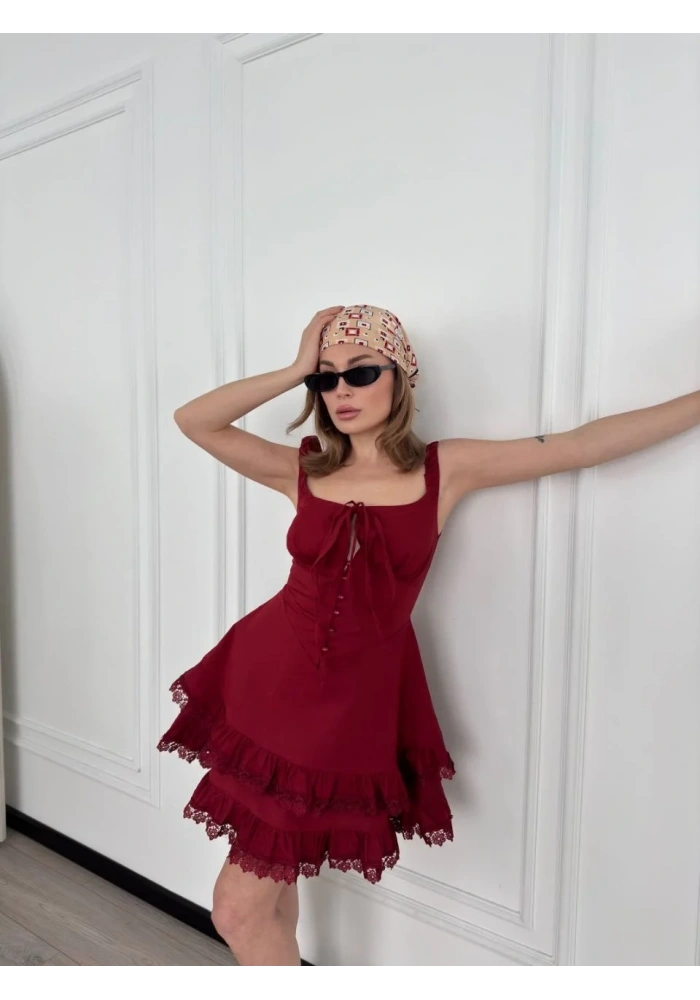 Kadın Mini Askılı Elbise - Bordo