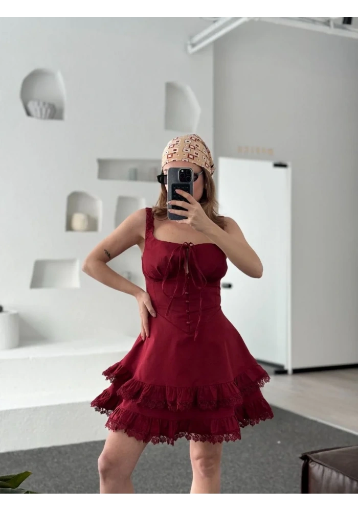 Kadın Mini Askılı Elbise - Bordo