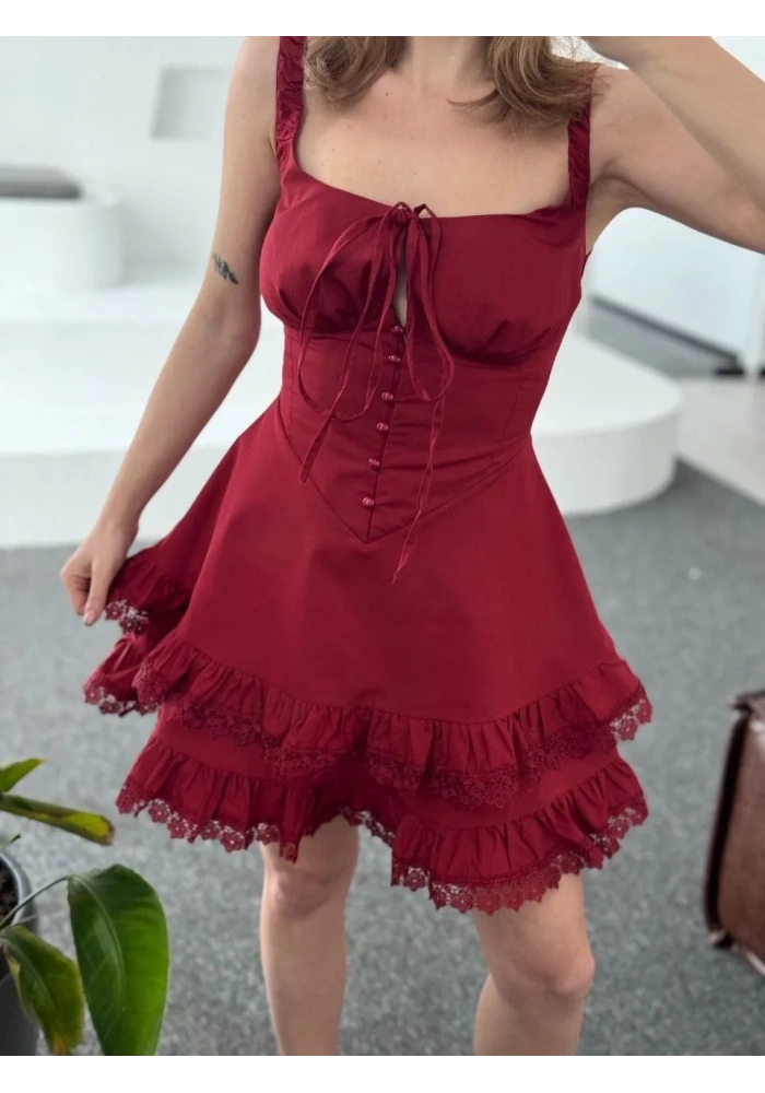 Kadın Mini Askılı Elbise - Bordo