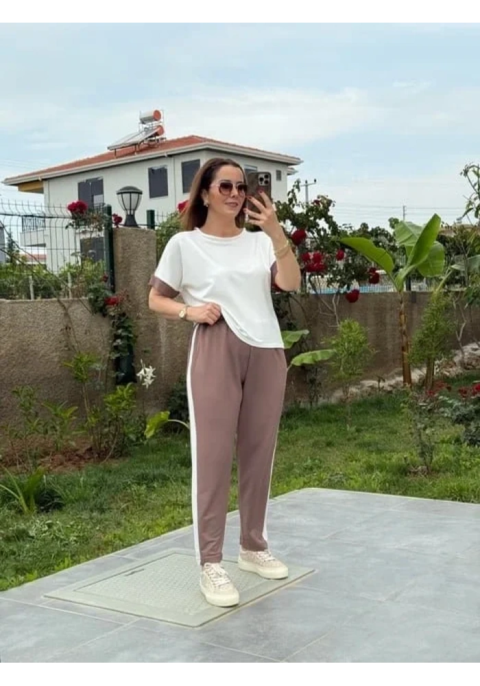 Kadın Modal Dokulu Kumaş Yanı şeritli Takım
