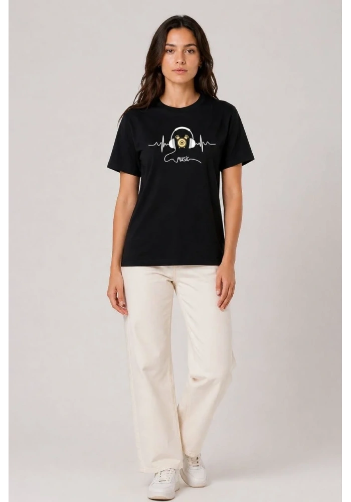 Kadın Müzik Temalı Baskılı Tişört Bisiklet Yaka Kısa Kol T-Shirt - Siyah