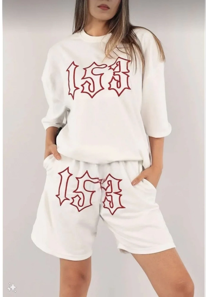 Kadın Nakış İşlemeli Şort Kısa kol Alt-Üst Takım - Beyaz