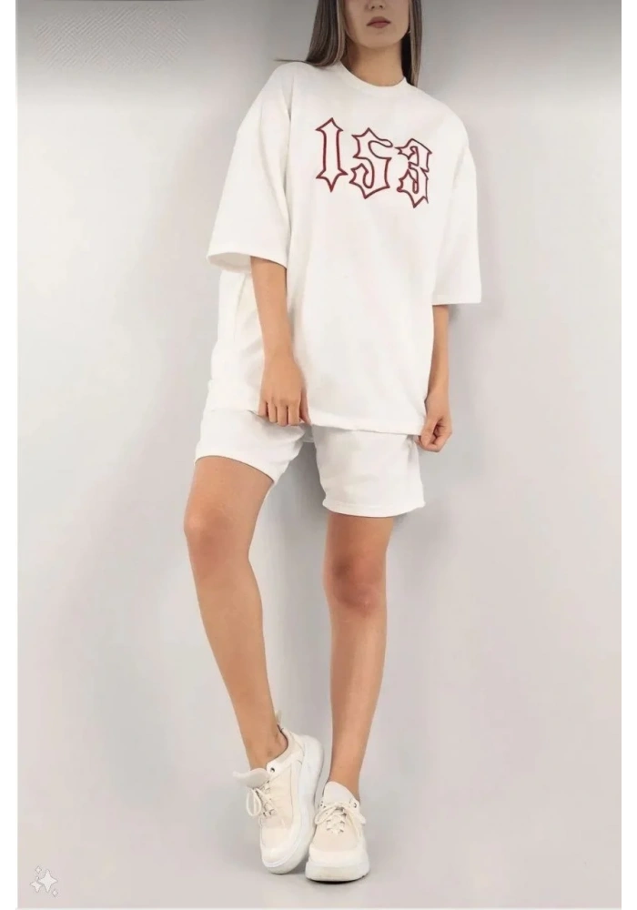 Kadın Nakış İşlemeli Şort Kısa kol Alt-Üst Takım - Beyaz