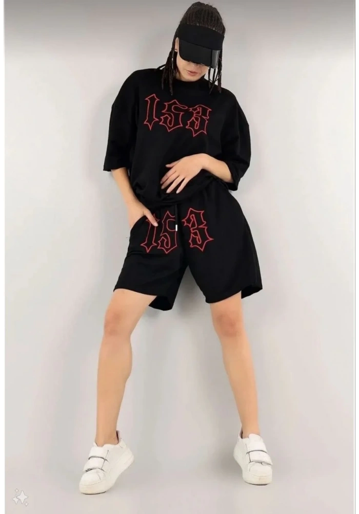 Kadın Nakış İşlemeli Şort Kısa kol Alt-Üst Takım - Siyah