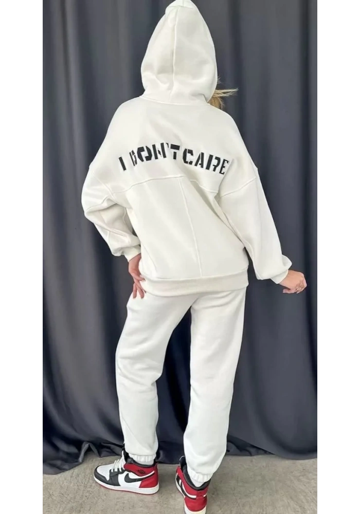 Kadın Nakış İşlemeli 3 İplik Pamuklu Sweat Alt-Üst Takım- Beyaz