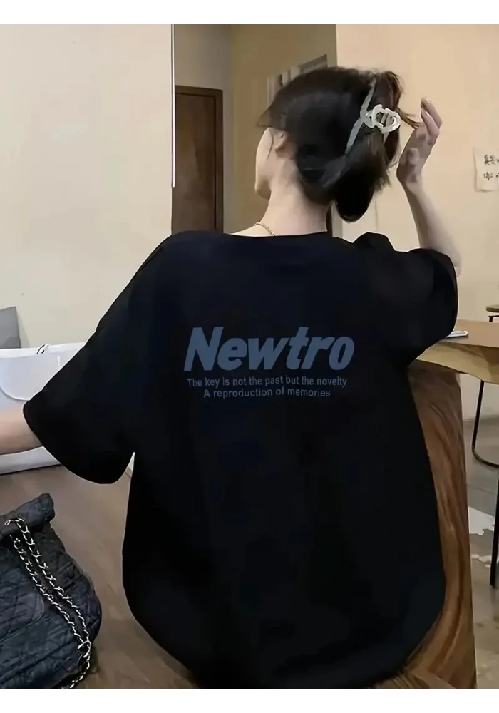 Kadın Tişört Newtro Baskılı Oversize Bisiklet Yaka T-shirt - Siyah