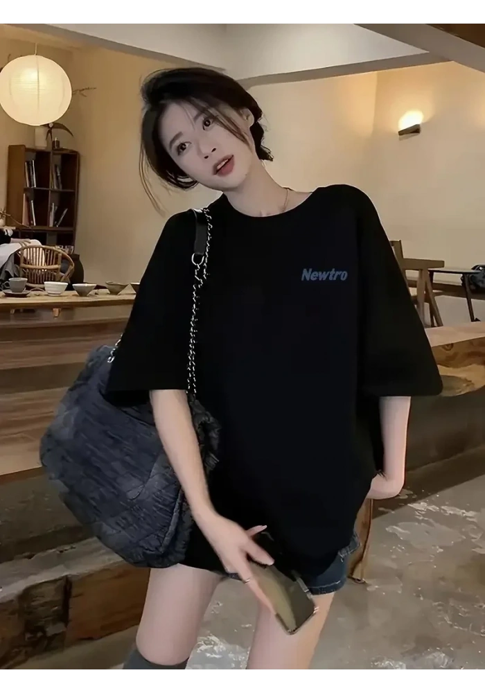 Kadın Tişört Newtro Baskılı Oversize Bisiklet Yaka T-shirt - Siyah