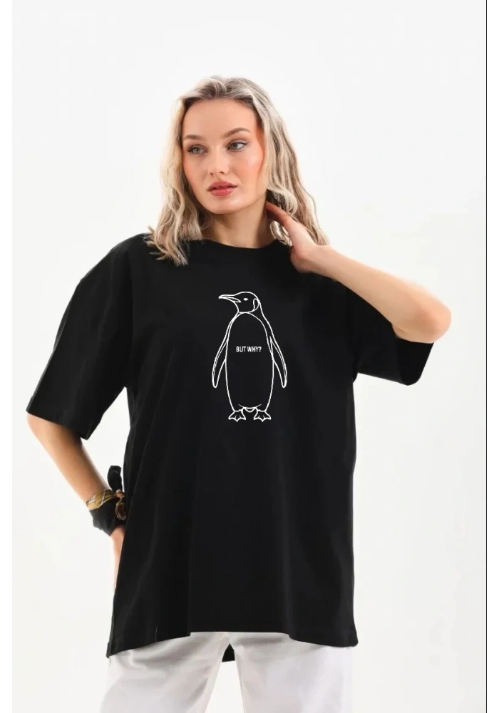 Kadın T-Shirt Nihilist Penguen Baskılı Bisiklet Yaka Kısa kol yazlık Tişört - Siyah