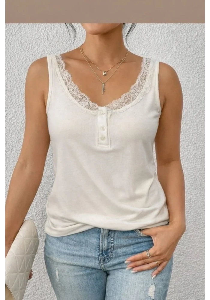 Kadın Omuz Askılı Dantel Güpür Detay Bluz