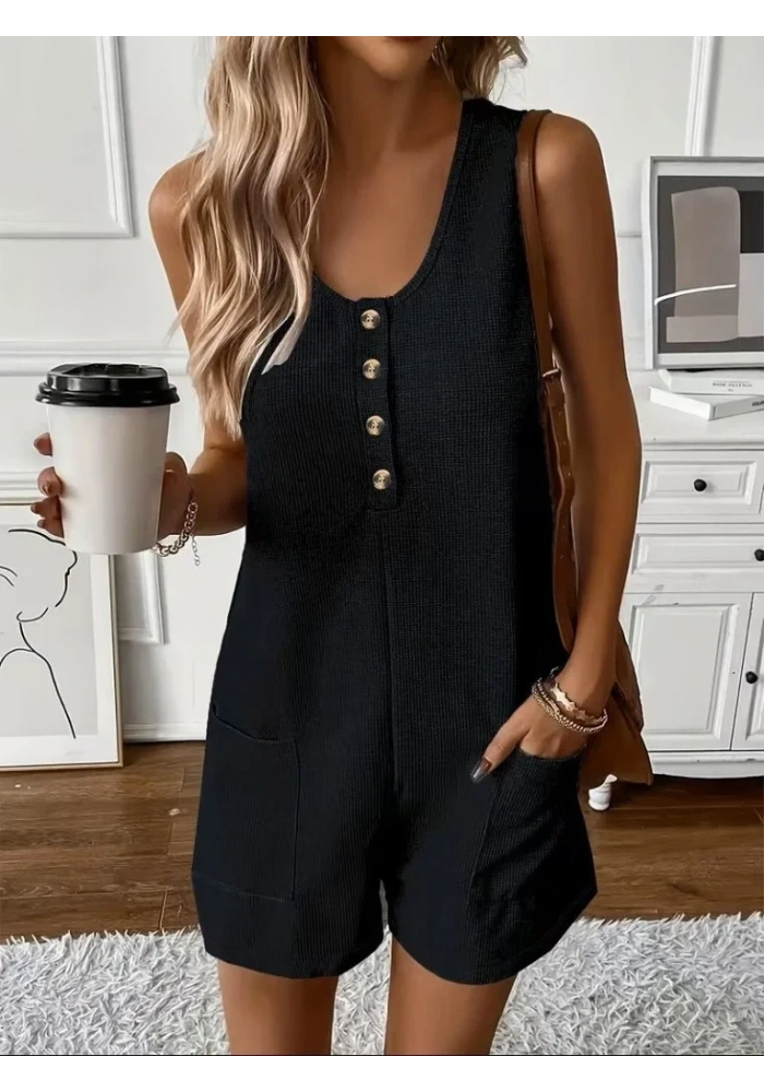 Kadın Omuz Askılı önden Düğmeli Waffle Kısa Tulum