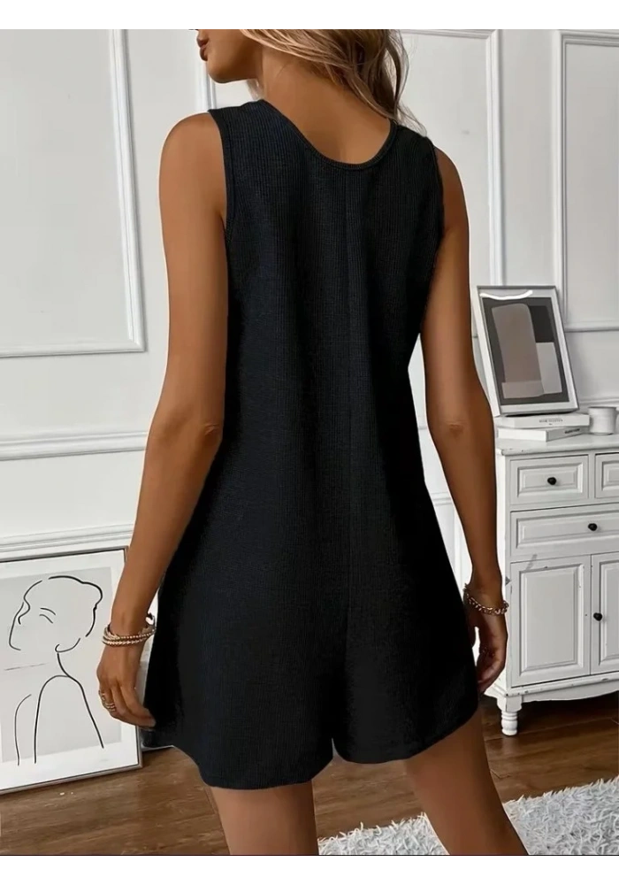 Kadın Omuz Askılı önden Düğmeli Waffle Kısa Tulum