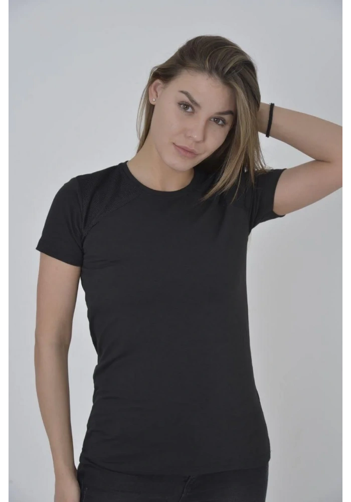 Kadın Omuz Fileli Slim Fit T-shirt - Siyah