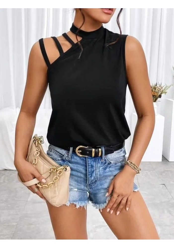 Kadın Omuzdan şerit Detaylı Yarı Balıkçı Yaka Viskon Bluz