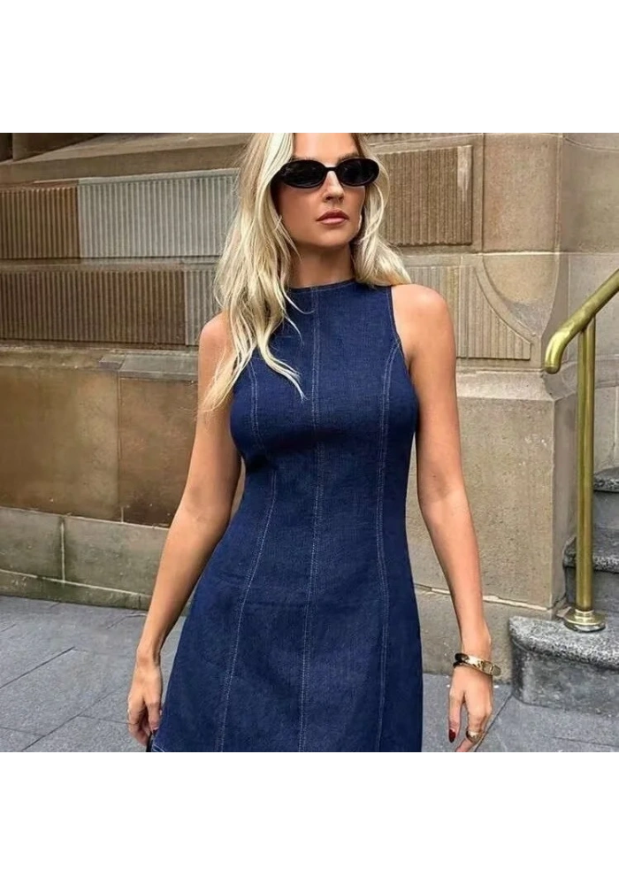 Kadın Omuzlardan Açık Bisiklet Yaka Kısa Kot Elbise