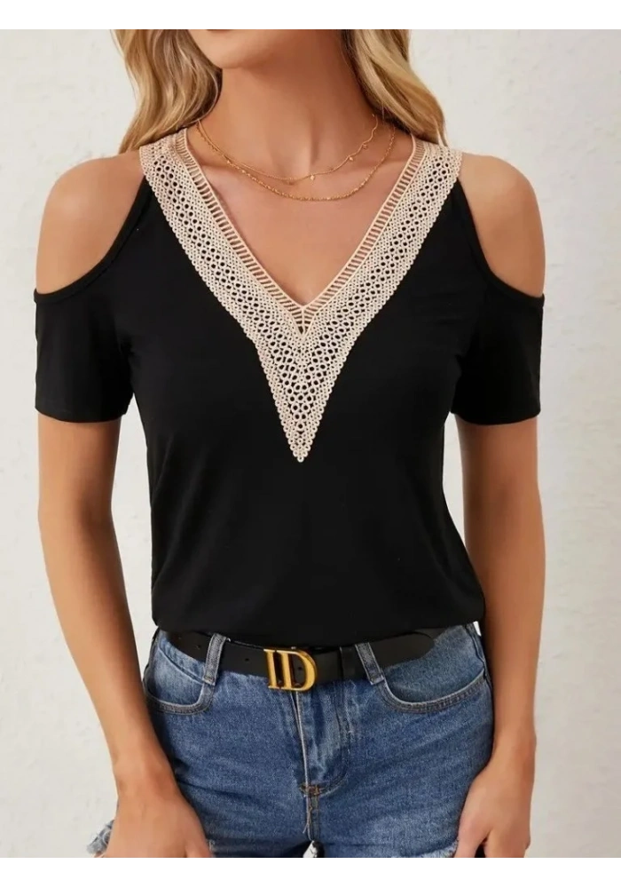 Kadın Omuzlardan Açık V Yakalı Viskon Bluz