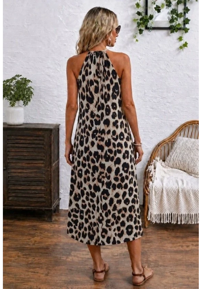 Kadın Omuzlardan Açık Yakada Halka Detaylı Leopar Desenli Midi Süprem Elbise