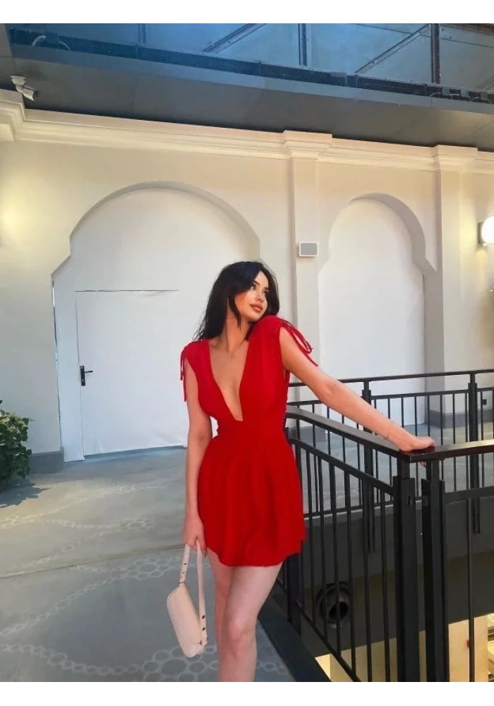 Kadın Omuzu ip Askılı Şortlu Elbise - Kırmızı