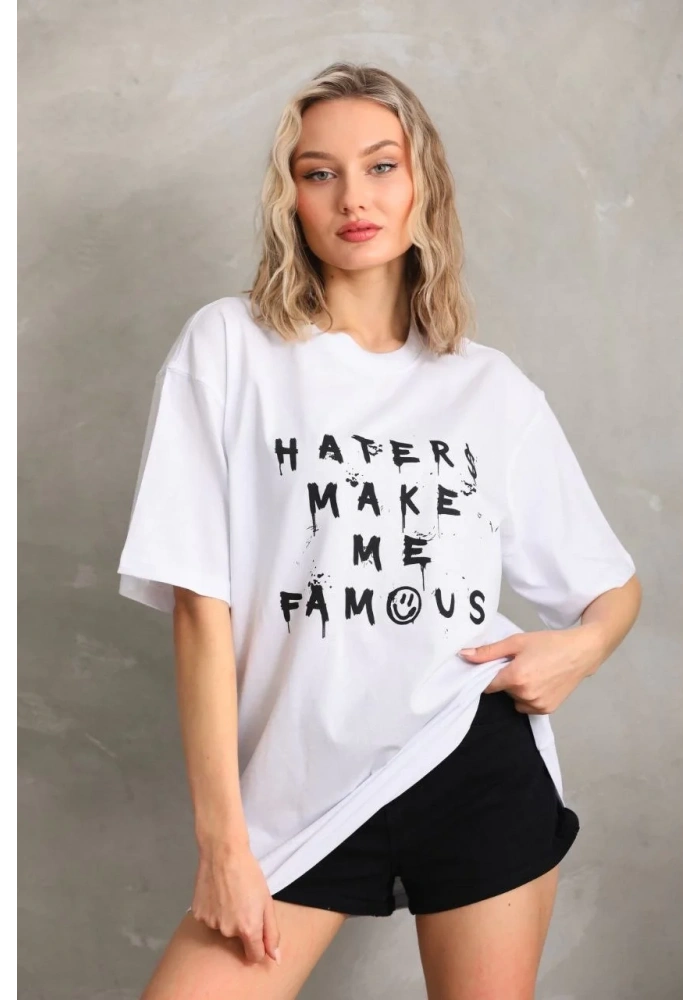 Kadın ön ve arka Baskılı Oversize Kısa kol  T-Shirt - Beyaz