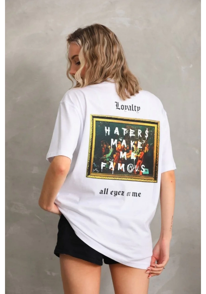 Kadın ön ve arka Baskılı Oversize Kısa kol  T-Shirt - Beyaz