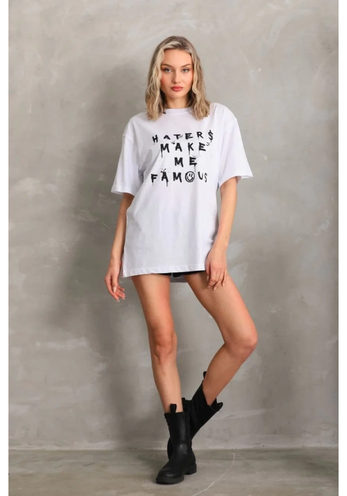 Kadın ön ve arka Baskılı Oversize Kısa kol  T-Shirt - Beyaz