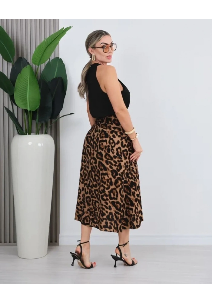 Kadın önden Bağlamalı Leopar Desenli Süprem Uzun Etek