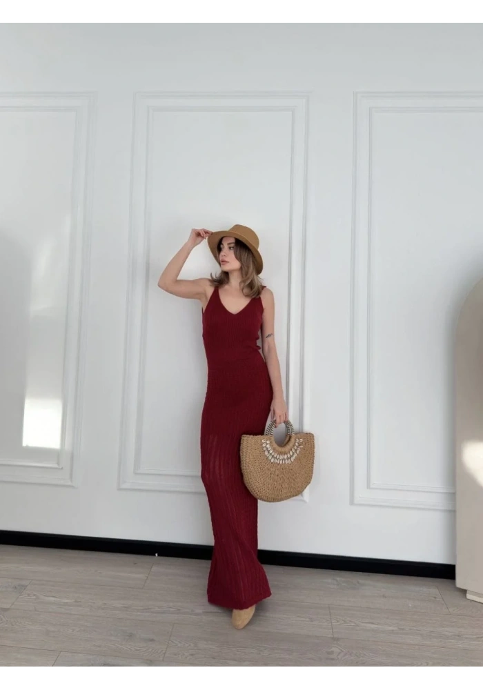 Kadın Örgülü Uzun Triko Elbise - Bordo