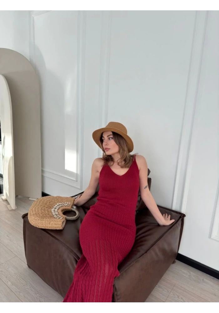 Kadın Örgülü Uzun Triko Elbise - Bordo