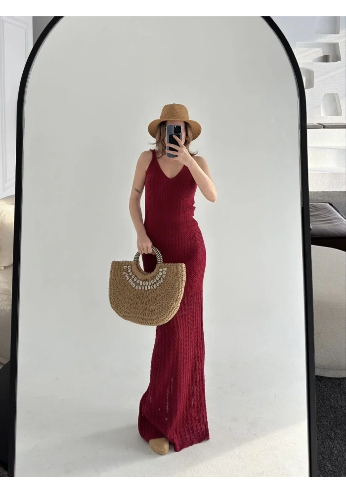Kadın Örgülü Uzun Triko Elbise - Bordo
