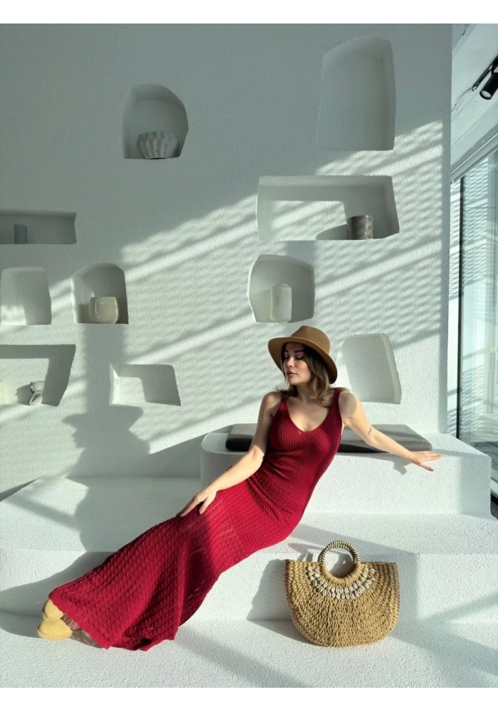 Kadın Örgülü Uzun Triko Elbise - Bordo